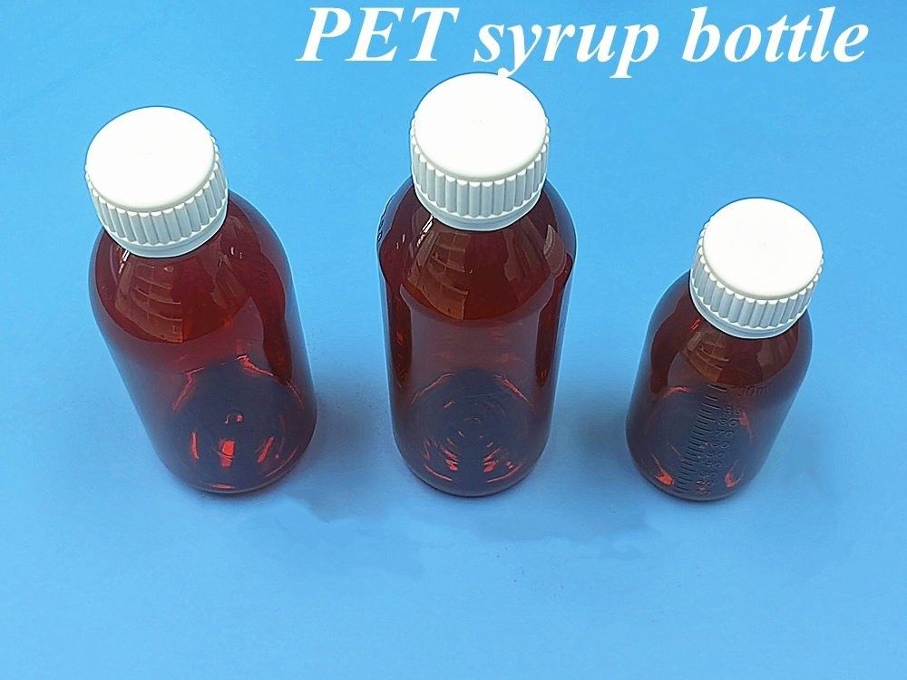 Farmaceutisch 100 ml 120 ml 150 ml Leeg Amber Plastic PET amber siroop plastic Fles voor siroop met Ropp Cap