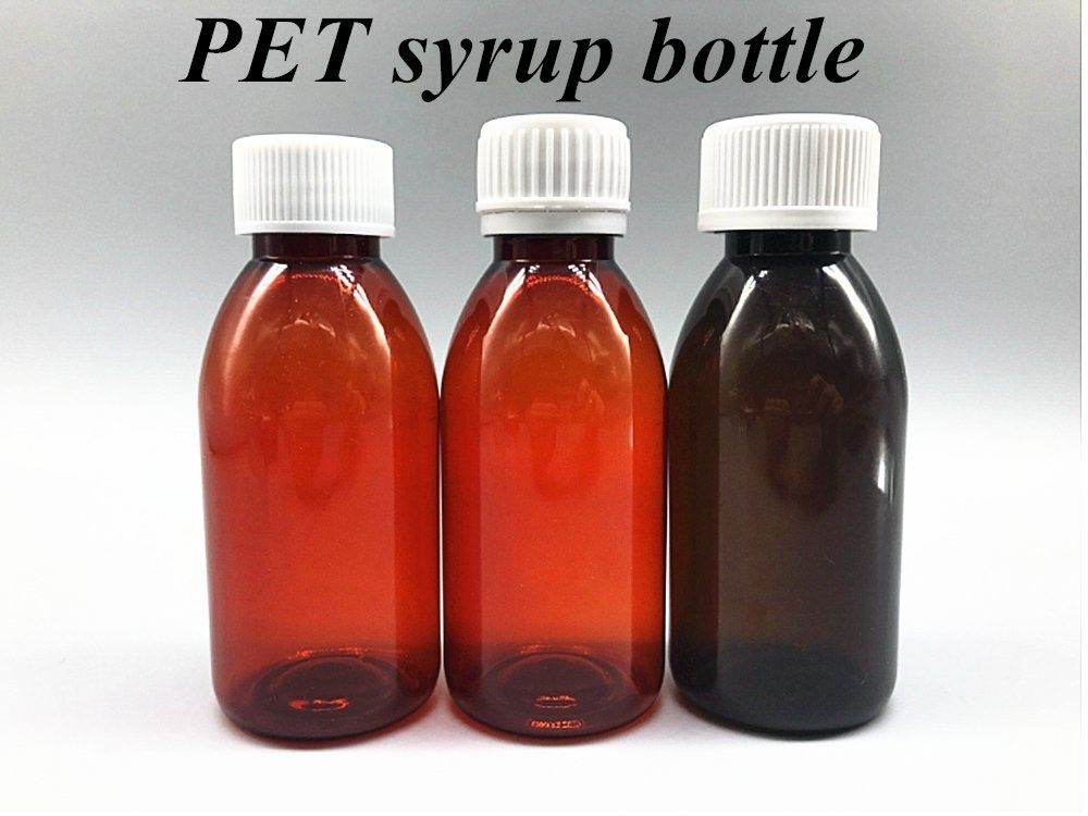 100 ml 120 ml Vloeibare Amber Plastic Syrup Fles met schroefdeksel Leeg Ronde PET Amber Syrup Plastic Flas