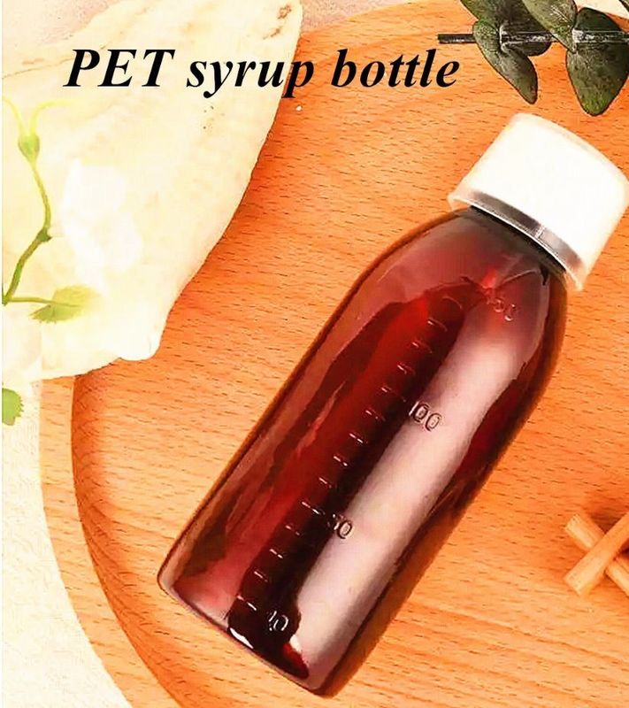 100 ml 250 ml Liquid Medicine Amber PET Hoest siroop Fles met maatbeker Plastic Hoest siroop Fles