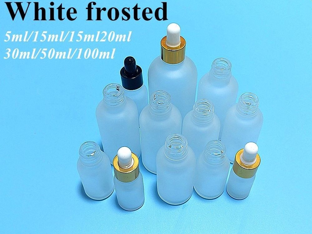 5 ml 10 ml 15 ml 20 ml 30 ml 1 oz lege essentiële oliefles Wit bevroren glazen dropper Fles met gouden ring dropper cap