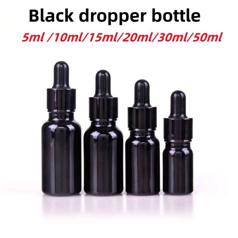 Groothandel Goedkoop 5ml 10ml 15ml 20ml 30ml 50ml lege, zwarte glazen essentiële olieflessen met dropper