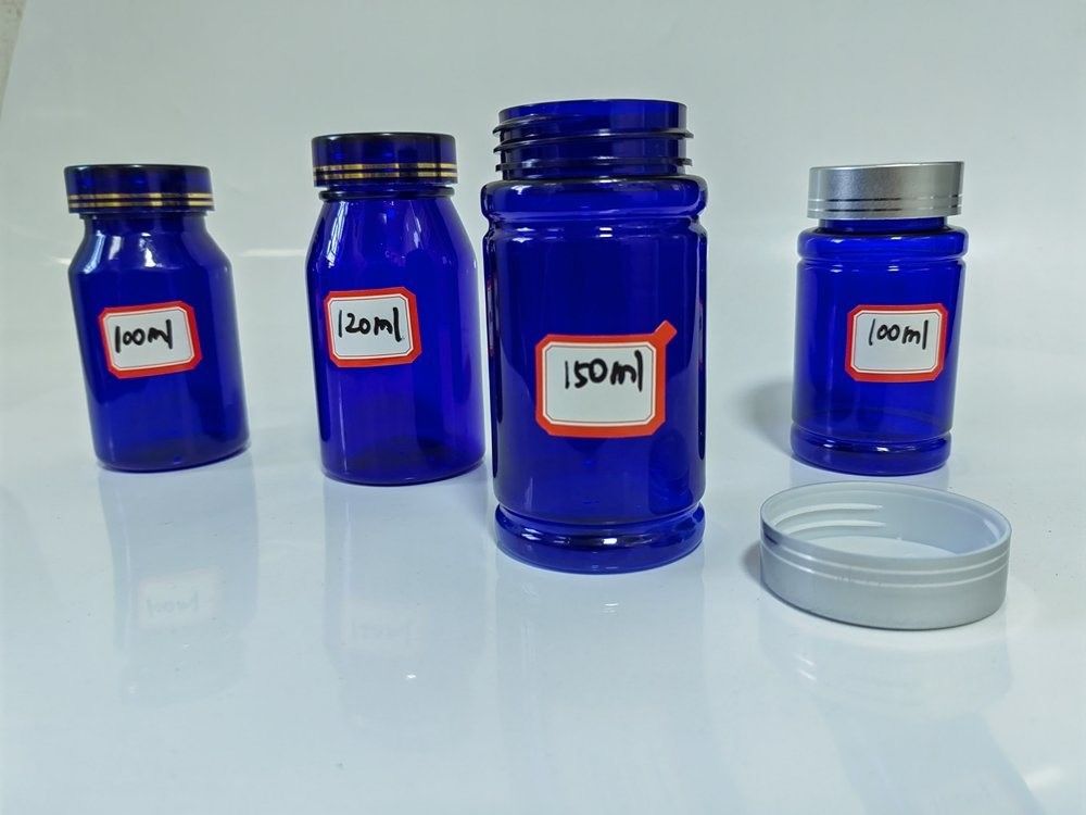 Plastic blauwe PET 100 ml capsule pil fles met zilveren schroef dop Medische vitamine supplement fles Container