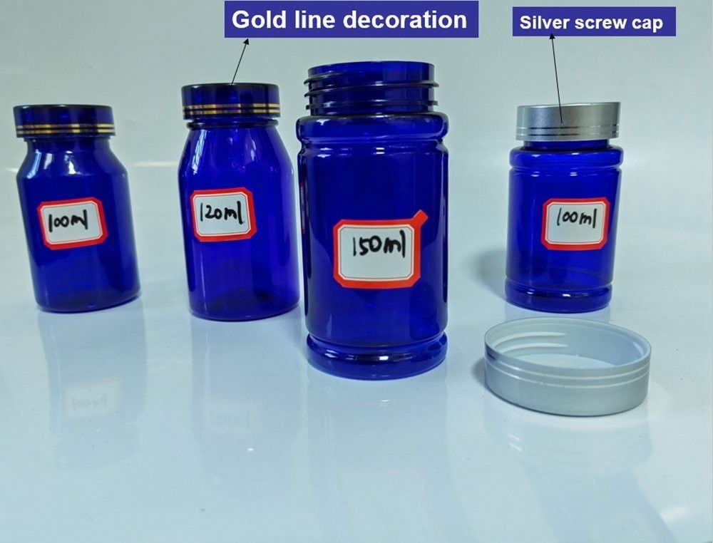 100cc 120cc 150cc Plastic fles voor pillen Capsules Transparante blauwe huisdier hervulbare Plastic vaste dosering medicijnfles