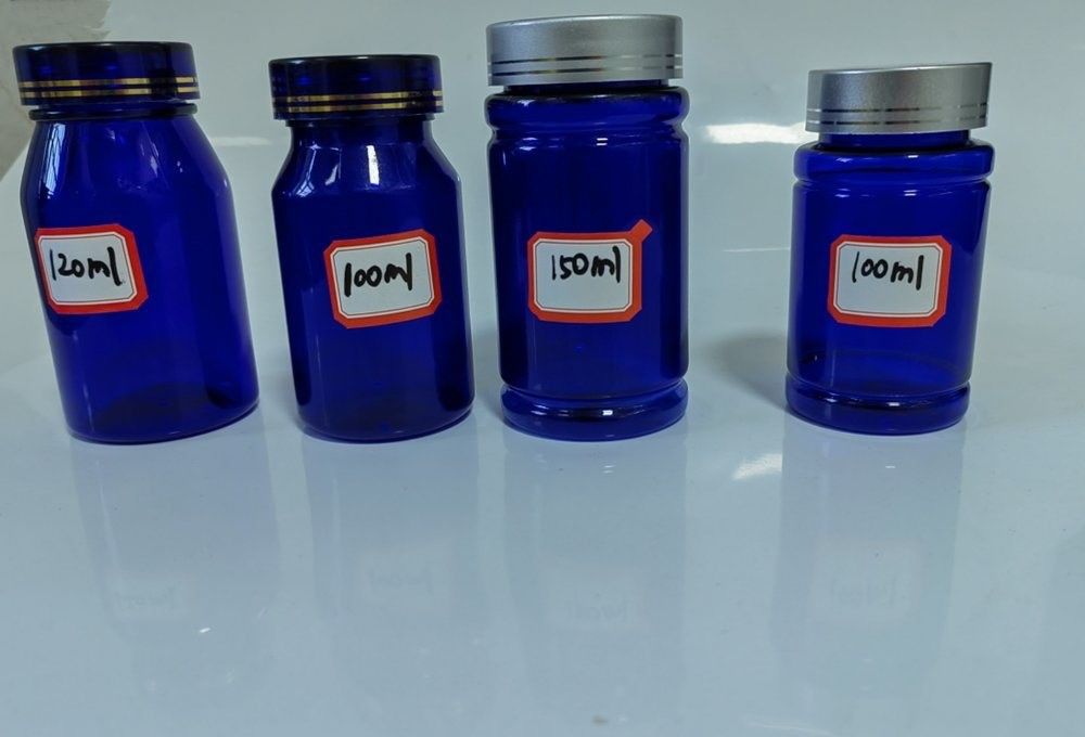 100cc 120cc 150cc Plastic fles voor pillen Capsules Transparante blauwe huisdier hervulbare Plastic vaste dosering medicijnfles